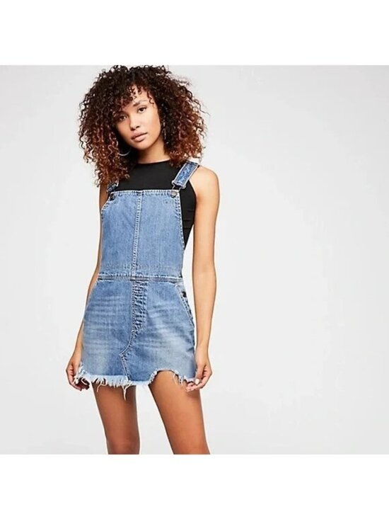 Free People Dresses & Skirts - NWOT Free People Distressed Denim Overall Mini Skirt 12/L | Indie Sleaze Grunge